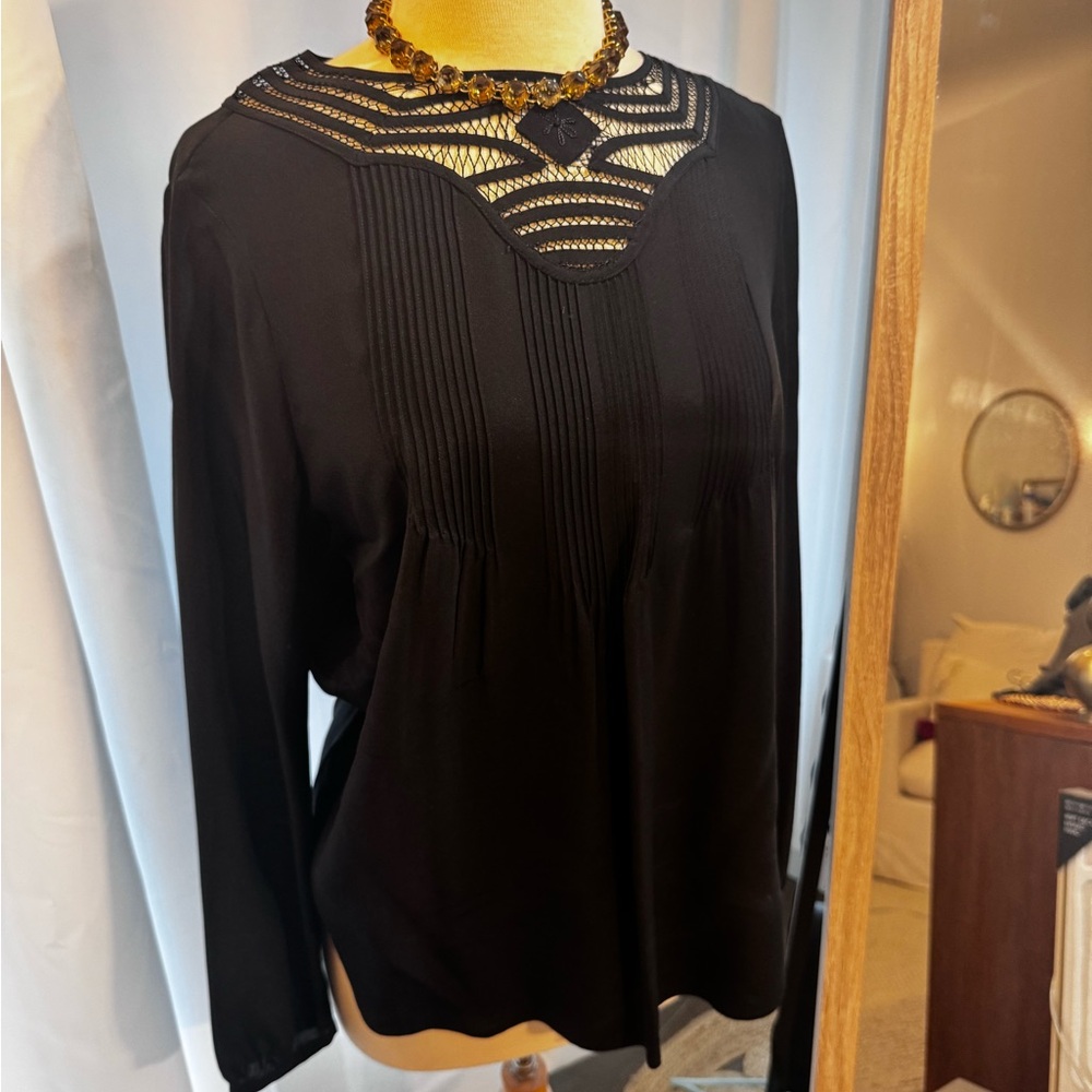 Madewell Broadway & Broome Black 100% silk Blouse with Lace Detail NWOT